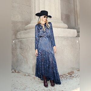 $1500 Raquel Diniz maxi long dress silk blend size M gown blue animal print